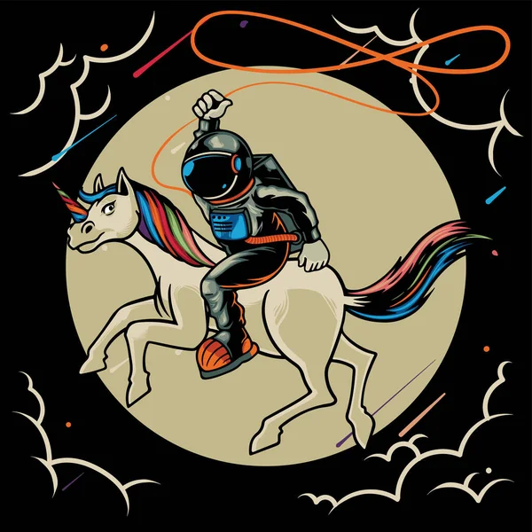 Astronaut Rida Enhörning Månen Tecknad Karaktär Vektor Platt Illustration Magisk — Stock vektor