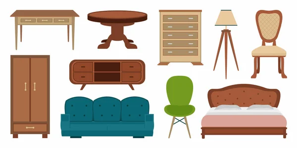 Stijlvolle Vintage Comfy Meubels Moderne Huisdecoraties Bundelen Trendy Cartoon Stijl — Stockvector