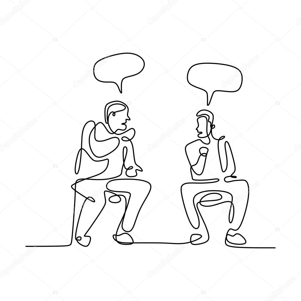 Continuous line drawing of two men sitting while talking about business plan with speech bubble. Young male enjoy discussing work task and strategy for new business isolated on white background