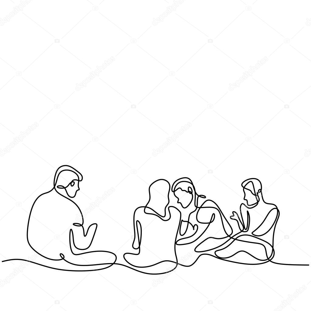 Group of happy young friends continuous one line drawing. Happy teenager male and female sitting while talking and laughing together. Friendship concept. Vector design illustration