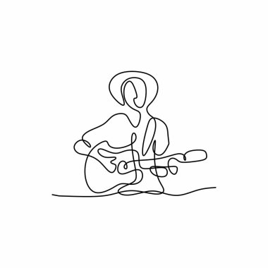 Sahnede gitar çalan genç gitaristin tek sıra çizimi. Gitar yeteneğini gösteren şapkalı genç bir erkek. Müzisyen performans konsepti. Vektör illüstrasyonu