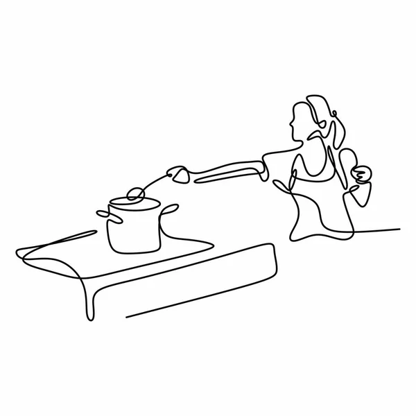 Mujer Disfrutar Hacer Alimentos Continuo Dibujo Una Línea Joven Hermosa — Vector de stock