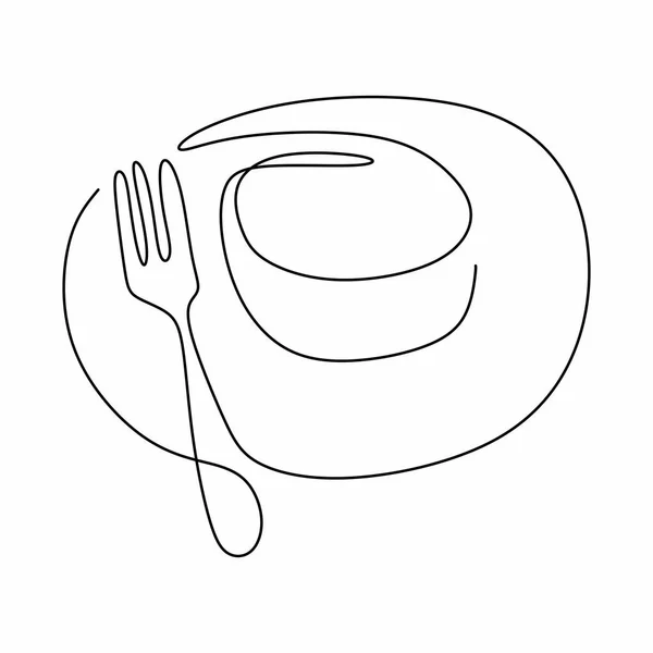 Continuous Line Drawing Sweet Pancake Plate Dessert Menu Fork Hand — Stock Vector