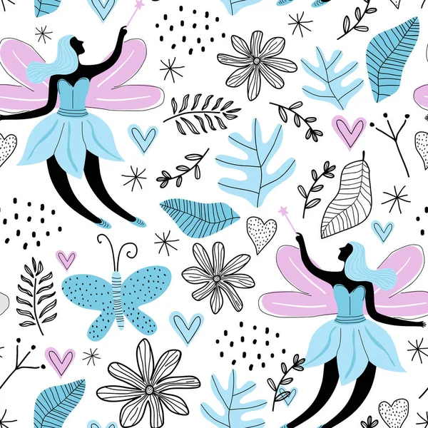 Modèle Sans Couture Avec Dessin Animé Fée Mignonne Papillon Fleurs — Image vectorielle