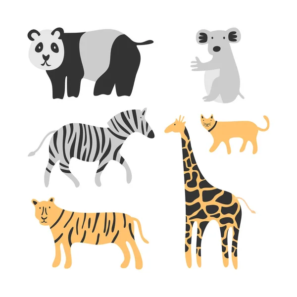 Набор Милых Животных Очаровательный Кот Тигр Панда Зебра Кенгуру Жираф — стоковый вектор