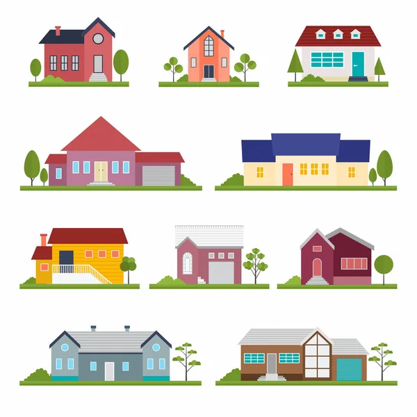 Set Various Townhouse Building Apartment Trees Houses Exterior Vector Illustration — Wektor stockowy