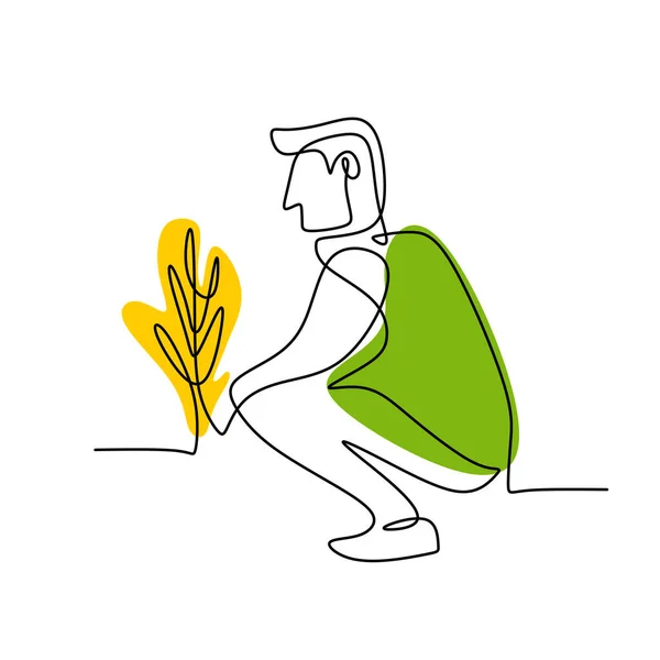 Une Seule Ligne Continue Dessinant Jeune Homme Plantant Une Plante — Image vectorielle