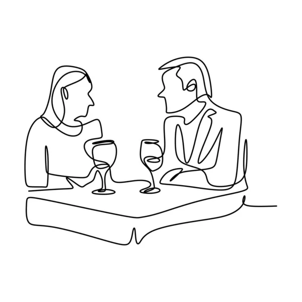 テーブルとワインと幸せなロマンチックなカップルの夕食の連続的な1行の図面 男性と女性のカップルが一緒にデートやディナーをしています デート レストランの概念 — ストックベクタ