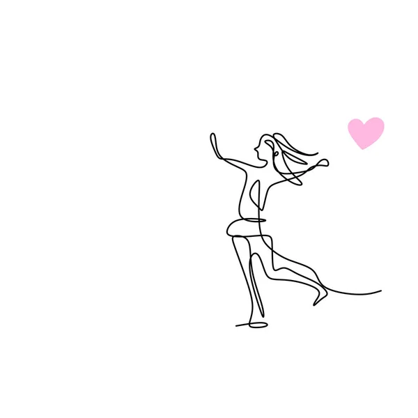 愛の中で踊る女性の連続線画 幸せな若い美しい女の子は彼女の人生を楽しんで表現するために踊る 白い背景に隔離された自己愛の概念 ベクトルミニマリズムデザイン — ストックベクタ