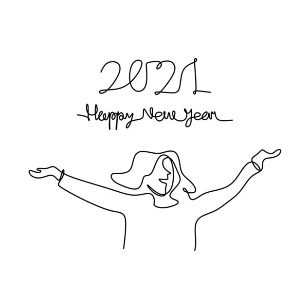 Bir Kadın Çizimi 2021 Yılını Sürekli Olarak Kutluyor Mutlu Genç — Stok Vektör