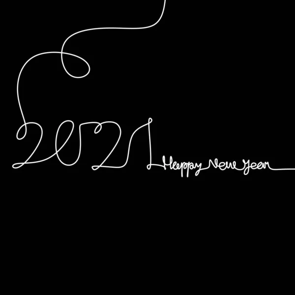 2021年の継続的な1本の線画 幸せな新年のテキスト手書きのレタリングブラックの背景に隔離されたミニマルなホワイトラインアートスケッチ 牛の年だ グリーティングカードやバナーデザイン — ストックベクタ