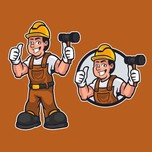 Handyman Constructor Dibujos Animados Hombre Con Ropa Trabajo Mientras Sostiene — Vector de stock