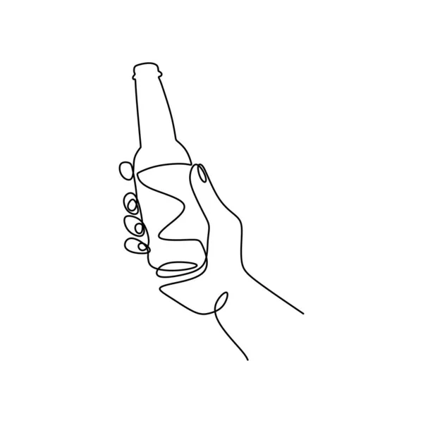 One Line Drawing Hand Holding Champagne Bottle Isolated White Background — Stock Vector