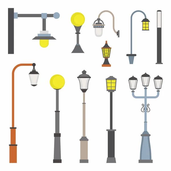 Straßenbeleuchtung Objekt Cartoon Symbole Satz Laternenmasten Und Außenbeleuchtung Vintage Strom — Stockvektor