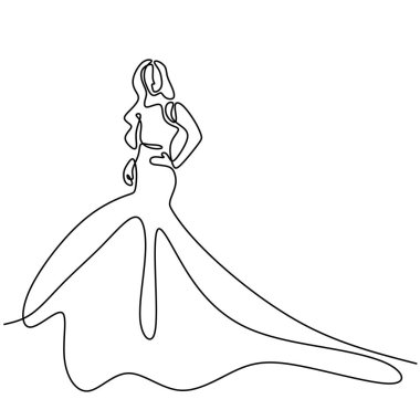 Önlüklü bir kadının sürekli bir çizimi. Güzel bayan manken elbise giyiyor ve poz verirken çok zarif görünüyor. Kız moda konsepti sanat minimum tasarım beyaz arka planda izole