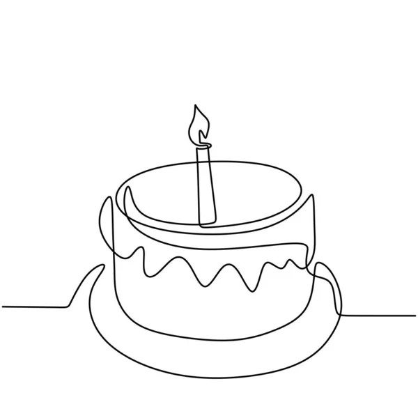 キャンドル付きの誕生日ケーキの連続線画 クリームとキャンドルのケーキ 誕生日パーティーのお祝いの概念 白い背景ベクトルのイラスト上の幸せな瞬間 Minalism — ストックベクタ