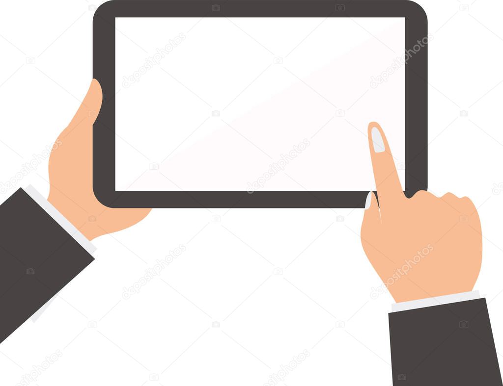 The businessman hands holding the tablet and touching at a blank screen. Using digital tablet pc similar to ipad concept. Flat design style vector illustration for web banner, web site, infographics