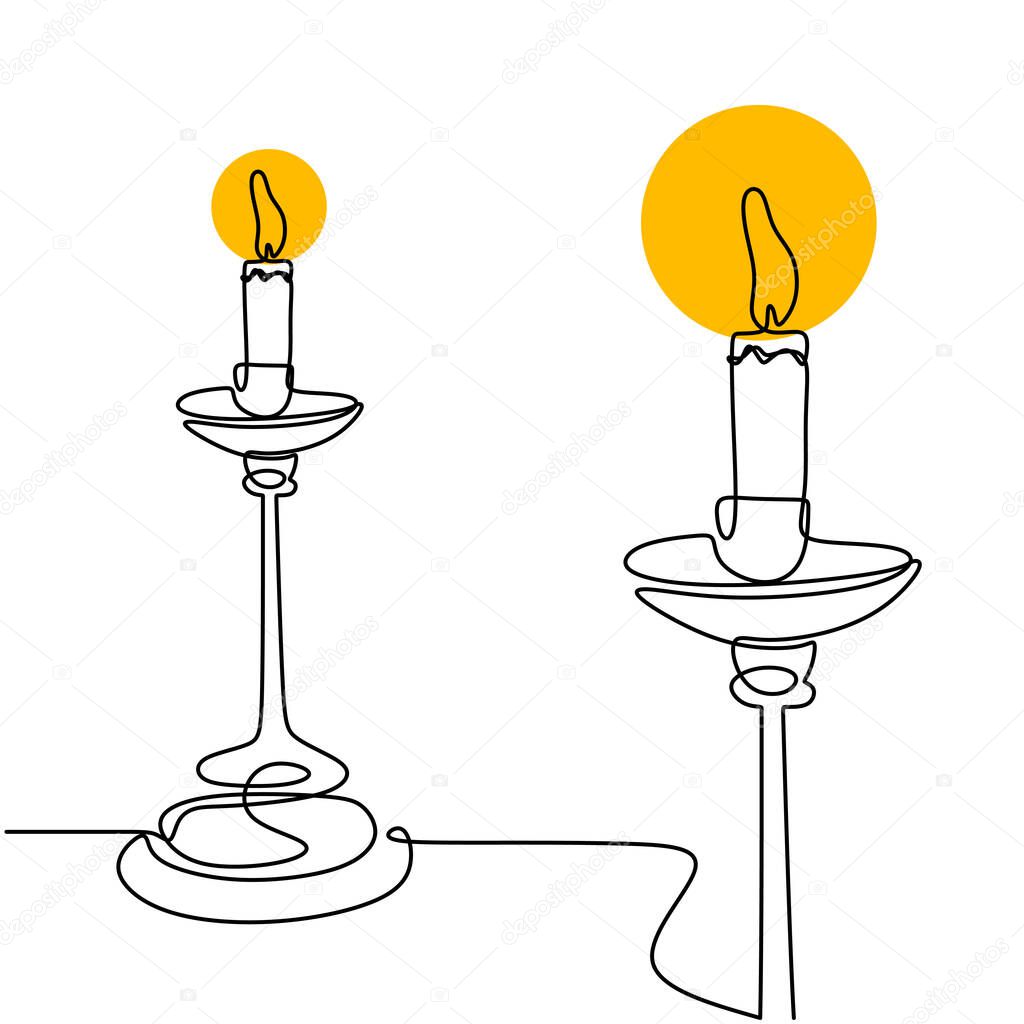 Continuous one line drawing of burning candle on vintage chandelier. Beautiful classic flame lantern minimalism design hand-drawn by a single line on a white background. Vector illustration