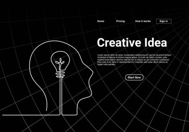Web sitesi iniş sayfası için lambalı bir kafa çizimi devam ediyor. Büyük düşünün, fikir kavramına odaklanın. Siyah arka planda izole edilmiş minimum tasarım..