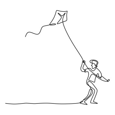 Yazın açık havada uçurtma uçurmak için oynayan mutlu bir gencin çizdiği tek bir çizgi. Özgürlük ve tutku yaratıcı tema elle çizilmiş minimalist tasarım