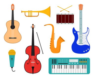 Müzik aletleri seti. Gitar, saksafon, djembe, davul seti, piyano, keman gibi ikonlar içerir. Beyaz arkaplanda izole edilmiş renkli düz tasarım nesneleri. Vektör illüstrasyonu