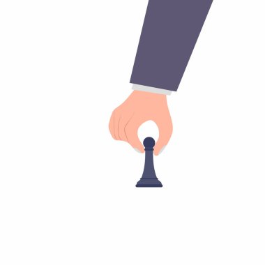 Bir el oyuncusu siyah satranç taşı figürüne sahip. Modern düz stil konsept vektör illüstrasyonu beyazda izole edildi. Savaş alanında zafer. Akıllı profesyonel hareket düz çizgi film biçimi