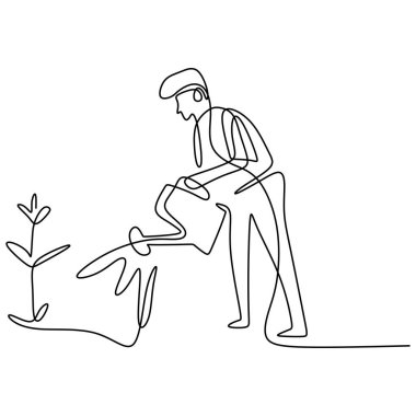 Mutlu genç erkeğin tek sıra çizimi yaz güneşli bir günde bahçedeki çiçekleri suluyor. Bahçıvanlık ya da ekme konsepti. Minimalizm tasarımında doğaya dönüş. Vektör illüstrasyonu