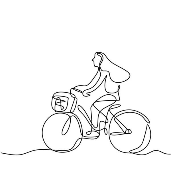 One Single Line Drawing Happy Young Woman Riding Bicycle Street — Stock Vector