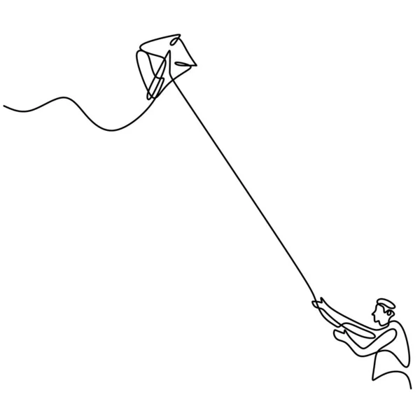 一个年轻快乐的男孩子在夏天的时候 在户外的田野里玩着放风筝的单行画 自由与激情创作主题手绘简约设计 — 图库矢量图片