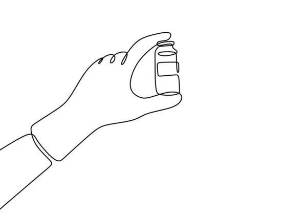 Рука Бутылкой Вакцины Непрерывной Линии Рисования Вакцинация Шприца Медицинская Векторная — стоковый вектор