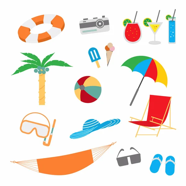 Collection Summer Stuff Isolated White Background Flat Summer Holidays Beach — Stock Vector