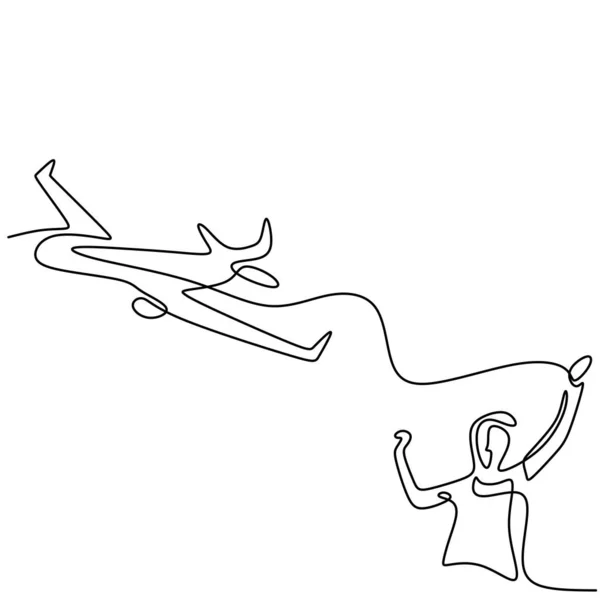 フィールドでおもちゃの飛行機を起動する若い男の1つの連続線画 白い背景に隔離された空に飛行機を演奏する幸せな10代の少年 夏のアクティビティテーマ ベクターイラスト — ストックベクタ
