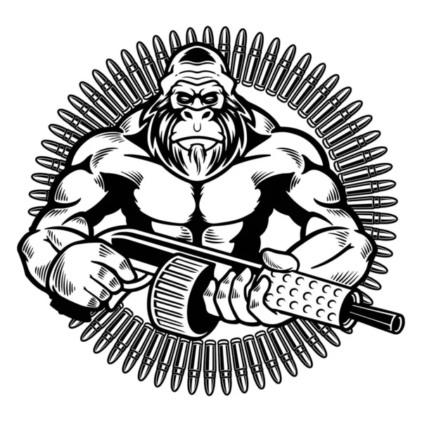 Векторні Ілюстрації Дикої Мавпи Кулеметом Ретро Стилі Злий Горила Тримає — стоковий вектор