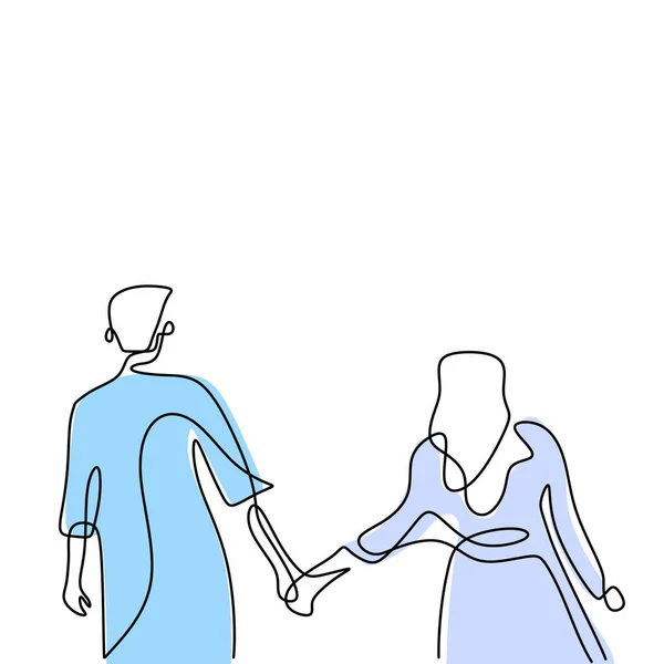 Dessin Continu Une Ligne Jeune Couple Heureux Debout Tenant Main — Image vectorielle