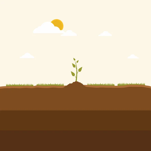 土の上に小さな緑の芽が生えています 自然の上で立ち上がる地面に発芽 苗の園芸植物の概念 生態学 環境漫画フラットベクトル設計要素イラスト — ストックベクタ