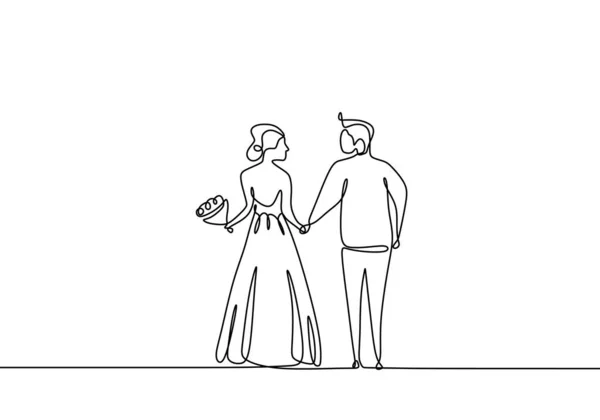 Línea Dibujo Recién Casados Tomados Mano Antes Boda Pareja Romántica — Vector de stock