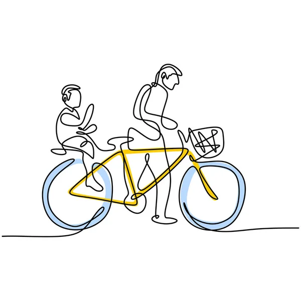 Один Безперервний Малюнок Батька Штовхає Велосипед Сином Сидячи Задньому Сидінні — стоковий вектор