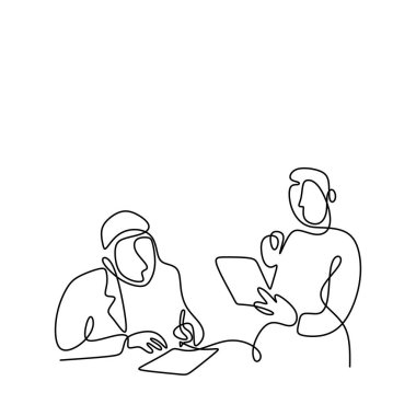 Genç doktorun boş konuşma balonunda hemşireyle konuştuğu bir çizim. Doktor teşhisi tartışıyor. Beyaz arka planda, tıp subayı minimalist tasarım karakteri. Vektör illüstrasyonu