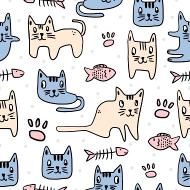 Sevimli kedi, kusursuz çocuk modeli. El yazısıyla dekore edilmiş kedi yavrusu. Beyaz arka planda izole edilmiş komik hayvan rüya kedileri. Bebek, çocuk ve çocuklar için çizgi film çizimi Tekstil baskısı