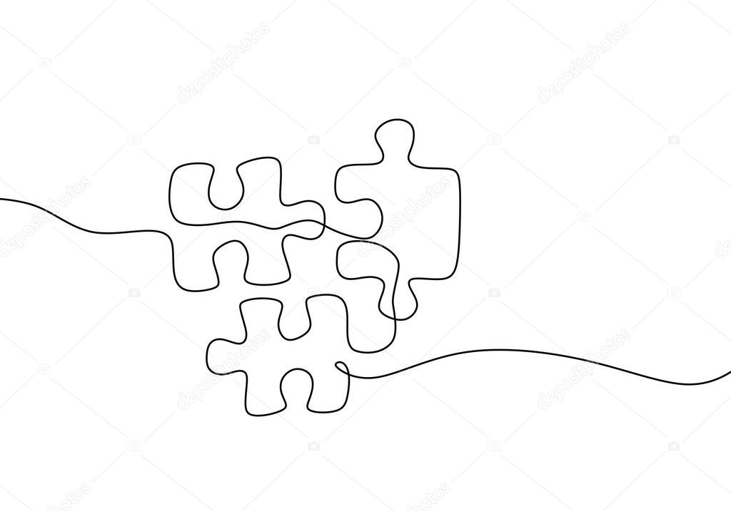 Continuous one line drawing of jigsaws on white background. Puzzle game symbol and sign business metaphor of problem solving, solution, and strategy.