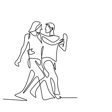 Mutlu çiftin sürekli dans ettiği çizgiler. Romantik bir anda, beyaz arka planda izole edilmiş genç bir erkek ve kadın. Aşkın minimalist tasarımı kavramı. Vektör illüstrasyonu