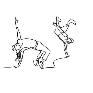 Modern sokak dansçısının sahnede hip hop dansı yaptığı kesintisiz bir çizgi. Genç erkek break dans yapıyor. Spor dansı konsepti. Minimalist tasarım vektör çizimi