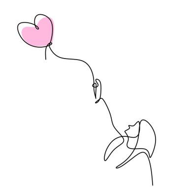 Genç mutlu bir kadının çizdiği tek bir çizgi bir yürüyüş yapar ve elinde kalp şeklinde bir balon taşır. El yapımı sanat tasarımı minimalizmi tarzında aşık olmanın sembolü. Vektör illüstrasyonu