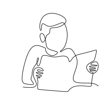 Sürekli tek satır çizen bir kitabı olan genç bir çocuk. Genç adam beyaz arka planda izole bir odada oturup çalışmak için bir kitap okuyor. Minimalizm tarzında okul kavramına geri dönüş