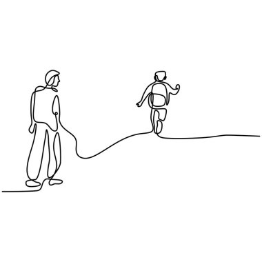 Genç babanın sürekli çizdiği bir çizim oğlunu okula götürüyor. Küçük mutlu çocuk babasıyla okula yürüyor. Beyaz arka planda izole edilmiş sevgi dolu ebeveynlik aile kavramı.