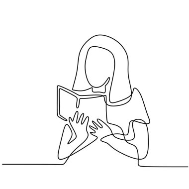 Kitap okuyan bir kızın sürekli bir çizimi. Sevimli bir kadın, minimalist tarzda el çizimi resim siluetinde çalışmak için kitap sayfasına odaklanıyor. Sınava çalış. Vektör illüstrasyonu