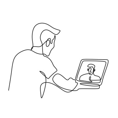 Evde çalışan ya da öğrenen bir adam dizüstü bilgisayarda çevrimiçi video konferansı yapıyor. Tek çizgi halinde dizayn edilmiş minimalizm tasarımı. Görüntüyü yakınlaştır beyaz arkaplanda izole edildi. Vektör illüstrasyonu