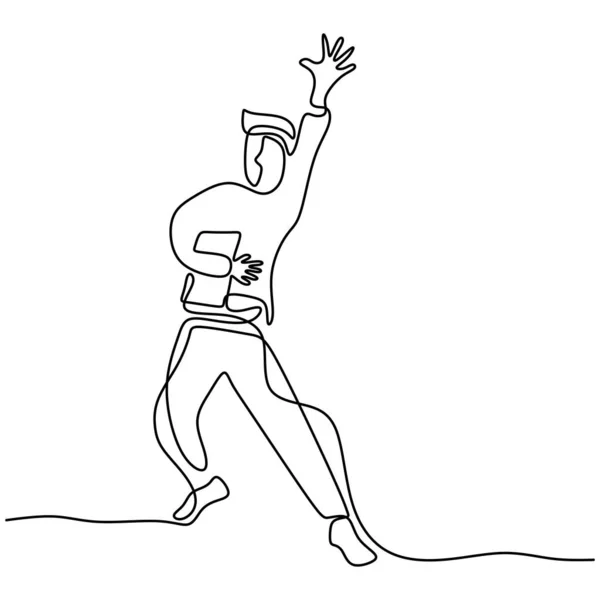ジャンプして手を挙げながら本を持っている青年の連続線画 幸せな陽気なティーンエイジャーの男性は彼の試験を成功させます 白を基調とした学校ミニマリズムデザインのキャラクターボーイ — ストックベクタ