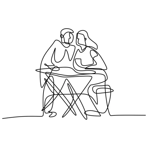 Continuous One Line Drawing Happy Romantic Young Couple Dinner Table — Stock Vector