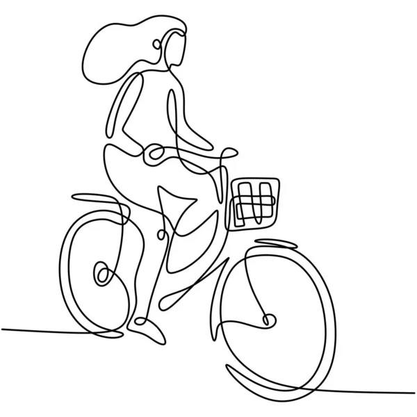 One Continuous Line Drawing Girl Riding Bicycle Cute Woman Enjoy — Stock Vector